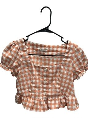 NAK Orange Gingham Puff-Sleeve Button Crop Top